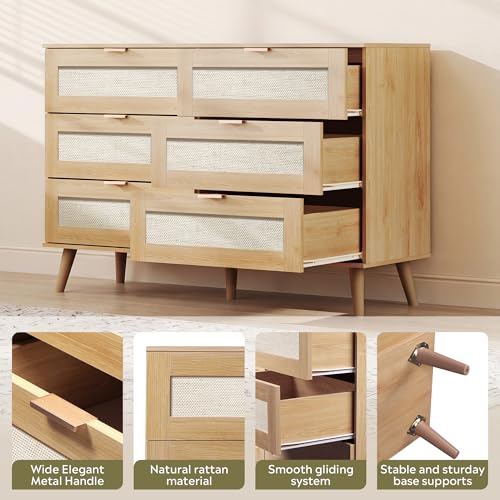 Rattan TV Stand, 6-Drawer 47.24'' Wide Boho Wood TV Console, Gold Metal Handle, TV Stand for 55 inch TV, Storage for Living Room, Office, Light Oak