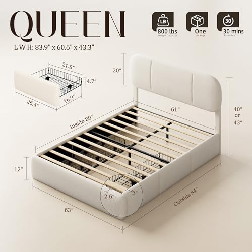 Queen Size Cloud Bed Frame with LED & 4 Drawers, Beige, view 3
