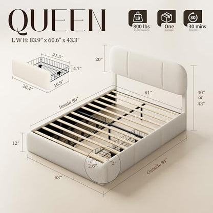 Queen Size Cloud Bed Frame with LED & 4 Drawers, Beige, view 3