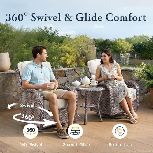 Luxury 6" Thick Cushioned Outdoor Swivel Rocker Patio Chairs of 2, High Back Wicker Patio Furniture Set with Ergonomic Zone Back, Conversation Glider Set for Deck Porch - Brown+Beige
