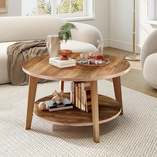 Round Coffee Table, 32'' Wood Coffee Tables for Living Room with Storage, 2-Tier Center Circle Counter with Wooded Desktop, 50 lbs Capacity, Anti-Slip Feet, Modern Farmhouse Design, Brown
