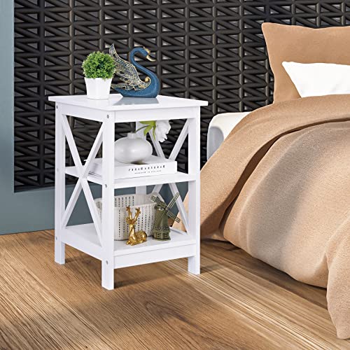 Nouva Side Table - Square Small End Table w/Storage Shelf, Tall Nightstand w/X-Design for Living Room Bedroom Office Bathroom,White