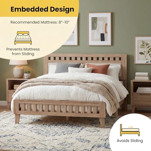Queen Wood Bed Frame with Upholstered Headboard, view 8