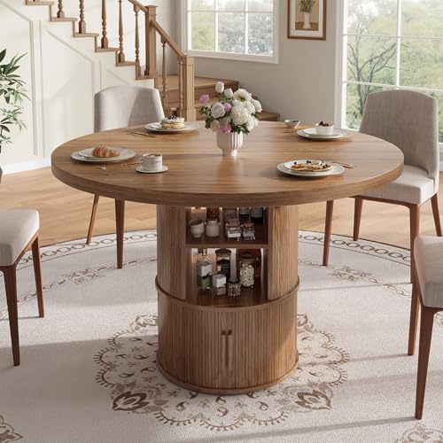 43" Round Dining Table with Storage Shelf, Farmhouse Modern Kitchen Table for 4-6, Circular Wood Dining Room Table for Small Spaces, Space Saving Pedestal Table for Apartment & Breakfast Nook, Walnut