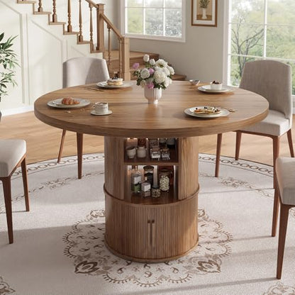 43" Round Dining Table with Storage Shelf, Farmhouse Modern Kitchen Table for 4-6, Circular Wood Dining Room Table for Small Spaces, Space Saving Pedestal Table for Apartment & Breakfast Nook, Walnut