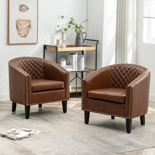 29" W Faux Leather Barrel Chairs Set of 2, Modern PU Upholstered Tufted Club Chairs with Nailhead Trim, Small Armchairs Accent Chairs for Living Room Bedroom Apartment Lounge Nursery, Brown