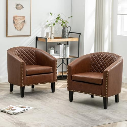 29" W Faux Leather Barrel Chairs Set of 2, Modern PU Upholstered Tufted Club Chairs with Nailhead Trim, Small Armchairs Accent Chairs for Living Room Bedroom Apartment Lounge Nursery, Brown