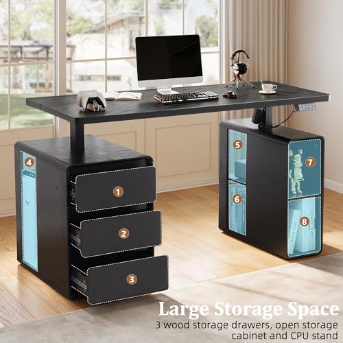 Farmhouse Electric Standing Desk, 55" Height Adjustable Computer Stand up Desk with 3 Drawers and Storage Shelf, Mid Century Modern Home Office Desk Wood Sit Stand Desks for Work, Study, Black
