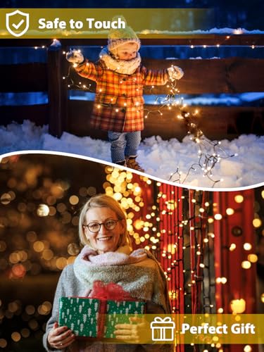 2 Pack 200 LED Solar String Lights for Outside, Solar Christmas Lights Outdoor Waterproof, Solar Outdoor String Light with 8 Lighting Modes for Xmas Tree Wedding Party Garden Decorations (Warm White)
