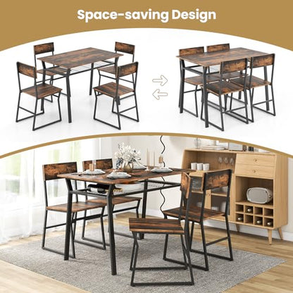 Dining Table Set for 4, Kitchen Table and Chairs for 4 with Storage Rack, Space-Saving Dinette Set for Kitchen Dining Room (Rustic Brown)