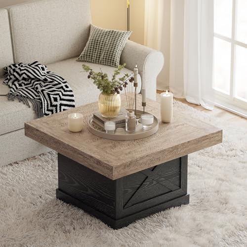 31.5 in Rustic Coffee Table for Living Room with X-Design, Square | Farmhouse Center Table, Wooden Pedestal, Small Space, Home Office Tea Accent Table for Apartment, Easy Assembly, Dark Oak