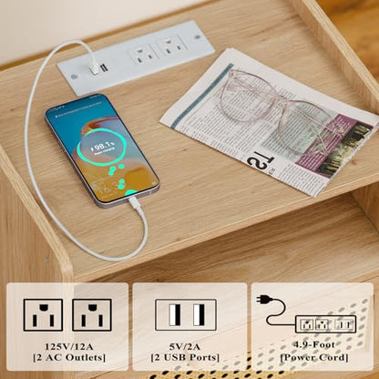Rattan Nightstand with Charging Station, Boho Side Table with Drawer Open Shelf, Cane Accent Bedside End Table for Bedroom, Dorm and Small Spaces