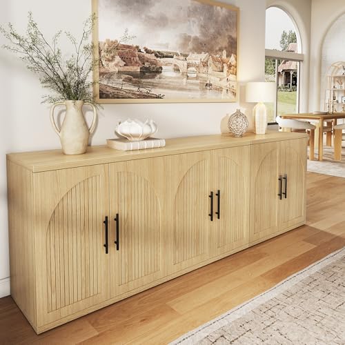 63" Fluted Buffet Cabinet, Oak Credenza with Adjustable Shelf, view 6