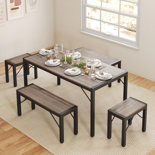 63" Dining Room Table Set for 6, Kitchen Table with 2 Benches and 2 Stools, Dining Table Set with Metal Frame, Space-Saving Kitchen Table Set for Apartment, Grey
