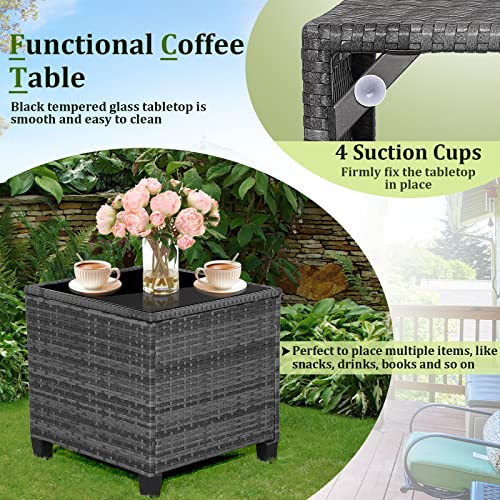 Wicker Patio Furniture Sets - 3 Pieces Patio Rattan Sofa Set, Outdoor Conversation Set with Tempered Glass Tabletop, Heavy-Duty Steel Frame, Wicker Chair Set for Poolside, Backyard, Navy