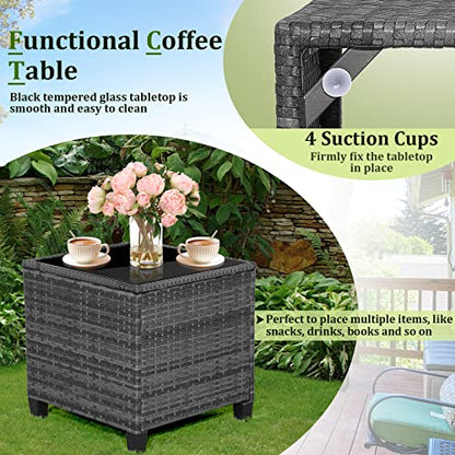 Wicker Patio Furniture Sets - 3 Pieces Patio Rattan Sofa Set, Outdoor Conversation Set with Tempered Glass Tabletop, Heavy-Duty Steel Frame, Wicker Chair Set for Poolside, Backyard, Navy