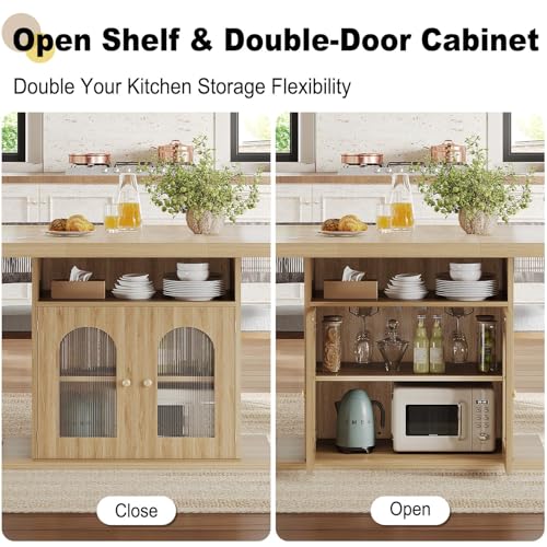 Dining Table for 4–6, 63 Inch Wood Farmhouse Kitchen Table with 3-Tier Storage Shelf and Acrylic Door Cabinet, Rectangular Modern Dining Room Dinner Table for Apartment Home Small Space, Light Oak