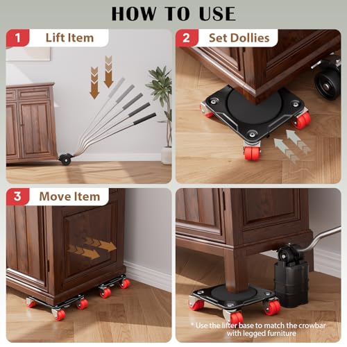 Heavy Duty Furniture Movers with Wheels Dolly with Auxiliary Lifter, All-New Upgraded Carbon Steel Panels & Dual-Wheeled Casters, Supports up to 1650 lbs (L)