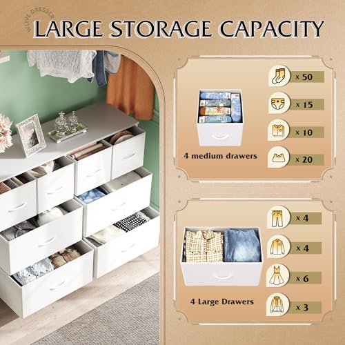 Wide Dresser for Bedroom, 8 Drawer Chest of Drawers, White, view 6
