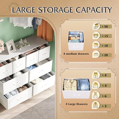 Wide Dresser for Bedroom, 8 Drawer Chest of Drawers, White, view 6
