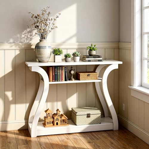 Wood Console Table with Curved Legs and Shelf, 3 Tier Modern Accent Sofa Table for Entryway, Living Room, Hallway, 47 in Wide, Easy Assembly (White)