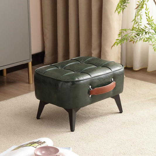 Vintage Style Faux Leather Ottoman Footstool - Wooden Frame, Upholstered Interior, Multi-Use Footrest for Living Room, Entryway, Office (Green Black)