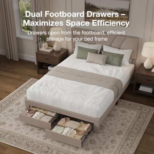 Queen Bed Frame with 2 Storage Drawers and Headboard, Linen Beige, view 4