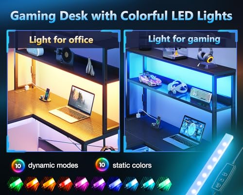 L Shaped Gaming Desk with Hutch & Power Outlet & LED Lights, view 5