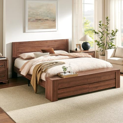 King Bed Frame with Headboard and Footboard Storage Bench,Light Walnut, view 4