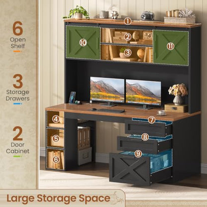 55.1" Farmhouse Desk with Hutch & 3 Storage Drawers, view 5