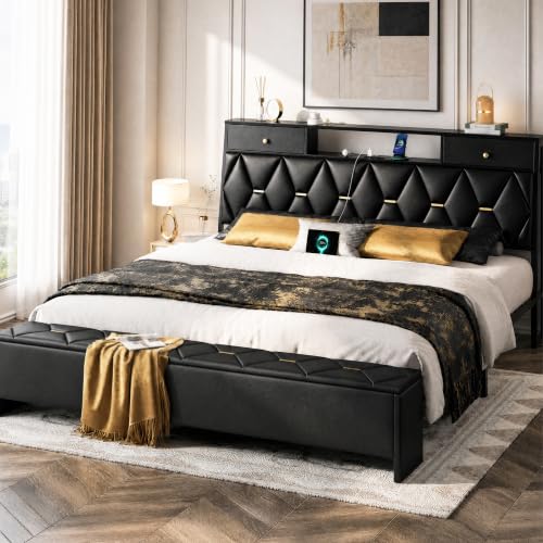 King Size Bed Frame and Headboard & Storage Drawers, PU Leather, view 2