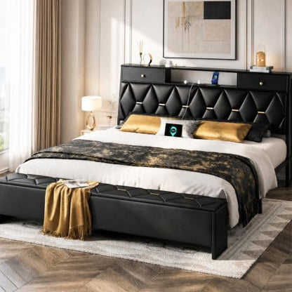 King Size Bed Frame and Headboard & Storage Drawers, PU Leather, view 2