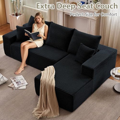 95.8" Cloud Sectional Couch with L-Shape Chaise, Modern Modular Comfy Sofa Chaise Longue, Upholstered Corduroy Couches Sleeper with Deep Seat for Living Room Bedroom, No Assembly Required, Black