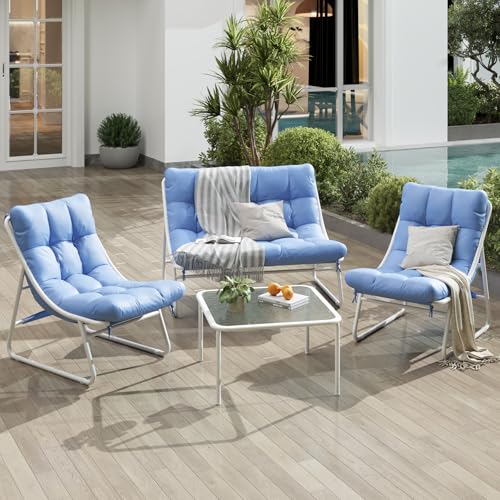 Patio Furniture Set, 4-Piece Outdoor Patio Conversation Set, 2-in-1 Metal Patio Sofa Sets with Cushions & Glass Coffee Tablefor Backyard, Garden, Porch, Poolside, White & Blue