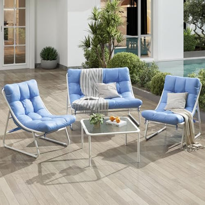 Patio Furniture Set, 4-Piece Outdoor Patio Conversation Set, 2-in-1 Metal Patio Sofa Sets with Cushions & Glass Coffee Tablefor Backyard, Garden, Porch, Poolside, White & Blue