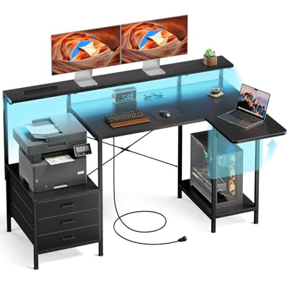 55 Inch Computer Desk for Home Office, Gaming Computer Desk with Printer Shelf, Storage Drawers, Power Outlets, Monitor Stand & LED Strip, Foldable L Shaped Gaming Table (Black)