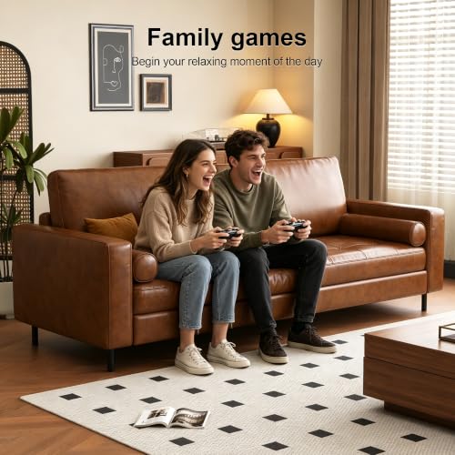 80.31" Mid-Century Modern Faux Leather 3-Seater Sofa Couch, with Sturdy Metal Legs & Solid Wood Frame, for Living Room & Apartment, Brown