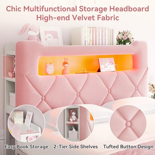 Velvet Princess Bed with Storage, Charging, Pink, view 6