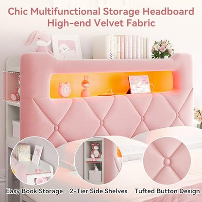 Velvet Princess Bed with Storage, Charging, Pink, view 6