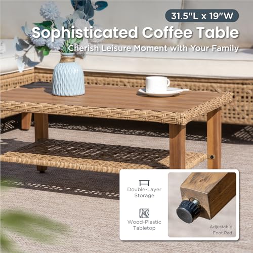 Outdoor Sectional Couch, Wicker Patio Furniture Set with Acacia Wood Coffee Table, L-Shape Small Outdoor Conversation Corner Sofa Set for Deck Porch, Beige