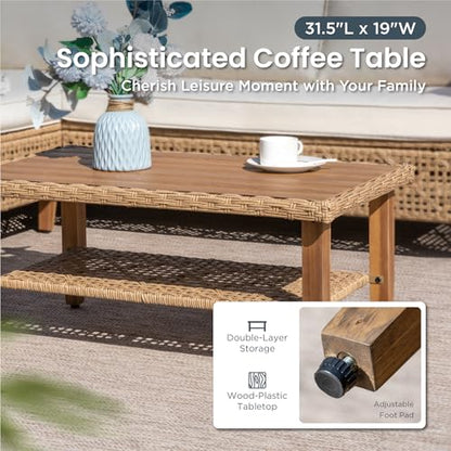 Outdoor Sectional Couch, Wicker Patio Furniture Set with Acacia Wood Coffee Table, L-Shape Small Outdoor Conversation Corner Sofa Set for Deck Porch, Beige