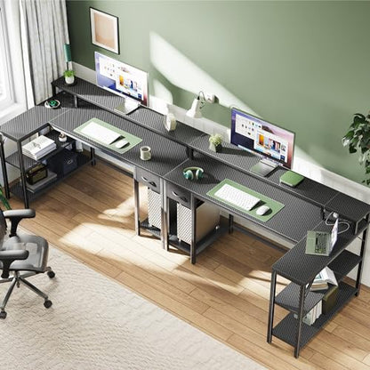 53 inch Reversible L Shaped Desk with LED Lights & Power Outlets, Computer Desk with Shelves & Monitor Stand, Gaming Desk with Drawer, Home Office Desk, Carbon Fiber Black