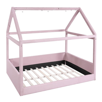 Full Size Upholstered House Daybed with LED Light Strips,Pink