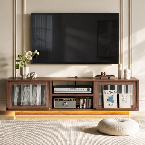 70 Inch TV Stand with Storage for Living Room, Walnut, view 2