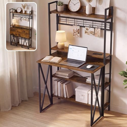 Small Computer Desk with Hutch, Foldable Desk with Shelves for Home Office, view 7