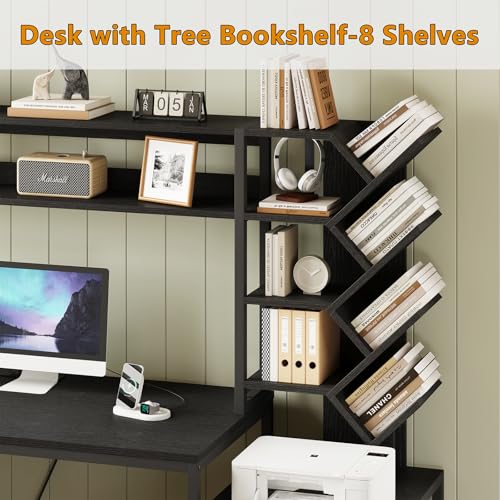 L Shaped Desk with Hutch, Reversible Computer Desk with Drawers and Bookshelf, Home Office Desks with Storage Shelves for Bedroom Home Office, Black