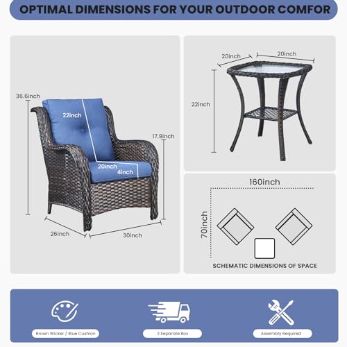 Outdoor Furniture Set Patio Wicker Chairs, 3 Peices Porch Rattan Furniture with Side Table, Deep Seating Patio Bistro Chair Sets (Blue Cushion)