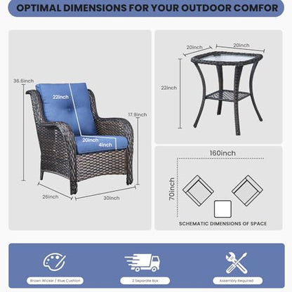Outdoor Furniture Set Patio Wicker Chairs, 3 Peices Porch Rattan Furniture with Side Table, Deep Seating Patio Bistro Chair Sets (Blue Cushion)