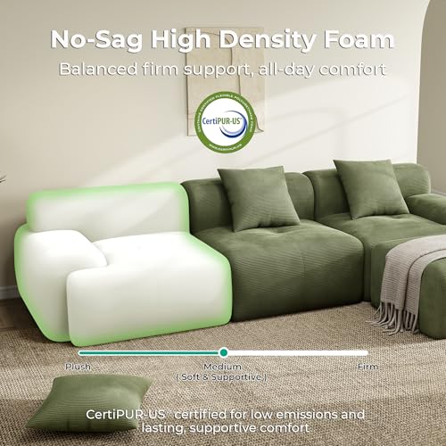 LumiCord Modular Sectional Sofa with Ottoman, 118" L-Shaped Boneless Couch for Living Room, Oversized Deep Seat with Corduroy Upholstery, No Assembly Required, Olive Green