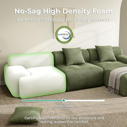 LumiCord Modular Sectional Sofa with Ottoman, 118" L-Shaped Boneless Couch for Living Room, Oversized Deep Seat with Corduroy Upholstery, No Assembly Required, Olive Green